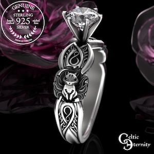 Kitsune 9-Tail Foxes Engagement Ring, Sterling Moissanite Bride&#39;s Fox Ring, Amethyst Sapphire Emerald Welsh Knotwork Vulpix Solitaire, 3235