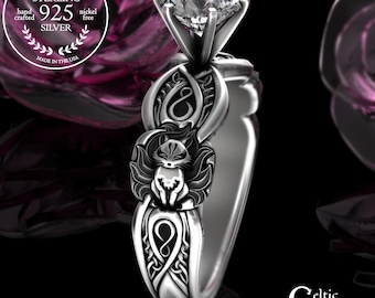 Kitsune 9-Tail Foxes Engagement Ring, Sterling Moissanite Bride's Fox Ring, Amethyst Sapphire Emerald Welsh Knotwork Vulpix Solitaire, 3235