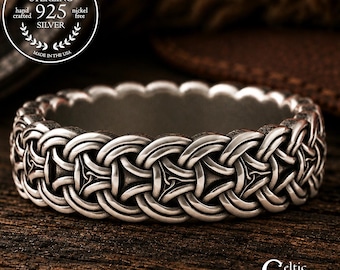 Viking Shield & Trinity Knotwork Ring, Sterling Borre Style Chain Ring, Norse Design Wedding Band, Silver Chainmail Pattern Jewelry, 3304