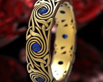 Celtic Trinity Ring, Gold Celtic Wedding Band, Gold & Sapphire Wedding Ring, Sapphire Platinum Ring, Gold Spiral Ring, Celtic Spiral, 1289