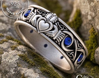 Sterling Grooms Sapphire Claddagh Band, Scottish Heart Hands Wedding Band, Silver Irish Marriage Ring, Classic Celtic Handfasting Ring, 3218