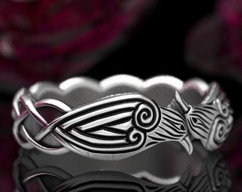 Celtic Knot Raven Ring, Norse Raven Ring, Hugin and Munin Celtic Raven Ring, Raven Wedding Band, Sterling Silver Celtic Raven Band 1280