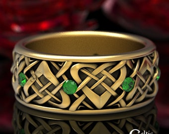 Celtic Emerald Wedding Ring, Heart Gold Wedding Band, Emerald Gold Celtic Knot Ring, Platinum Wedding Band, Mens Wedding Band, 1457