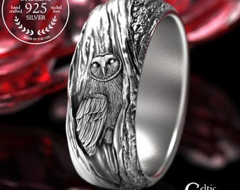Sterling Barn Owl Ring, Silver Owl Wedding Ring, Hoot Owl Ring, Tree Bark Ring, Night Owl Jewelry, Women's Owl Ring, Owl Spirit Animal, 2028