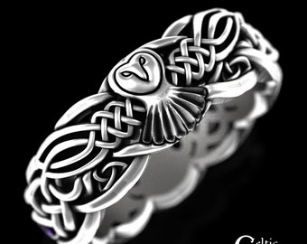 Amethyst Celtic Owl Ring, Sterling Silver Owl Wedding Ring, Amethyst Irish Wedding Band, Barn Owl Ring, Silver Barn Owl Jewelry, 1351