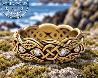 Woman's Gold Celtic Leaves Wedding Band, Moissanite & 14K White Gold Irish Ring, Platinum Botanical Wedding Ring, Scottish Anniversary, 1963