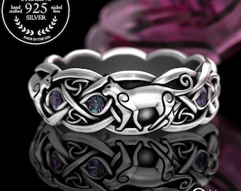 Alexandrite Cat Ring, Sterling Silver Cat Ring, Swirl Cat Wedding Ring, Cat Lover Ring, Kitten Ring, Feline Ring, Kitty Cat Jewelry, 3097