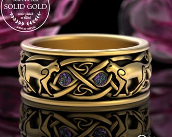 Alexandrite & 10K White Gold Mens Cat Wedding Band, Irish Cat Ring, Celtic Feline Knotwork, Platinum Kitty Ring, 14K Gold Kitten Ring, 3099