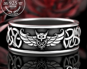 Trinity Knot Owl Ring, Sterling Viking Wedding Band, Mens Viking Ring, Celtic Bird Wedding Band, Silver Irish Owl Ring, Celtic Owl Ring 3100