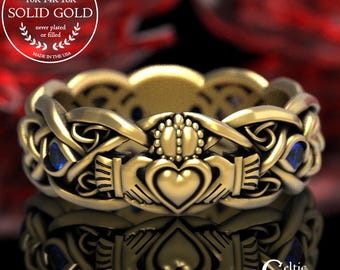 Gold Claddagh Ring with Sapphires, Modern Claddagh Wedding Ring, Celtic Gold Wedding Band, Irish Love Ring, Platinum Claddagh Ring, 1684