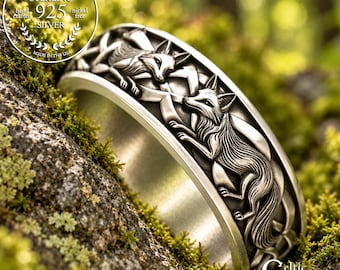 Men's Sterling Fox Wedding Band, Silver Fox Ring, Celtic Groom Ring, Irish Soulmates Jewelry, 2153