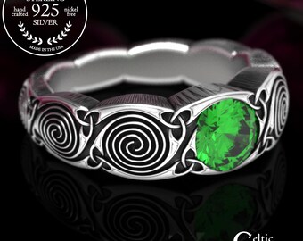 Celtic Emerald Engagement Ring in Sterling Silver, Modern Engagement Ring, Emerald Engagement Ring, Celtic Spiral Ring, Tribal Ring, 1724