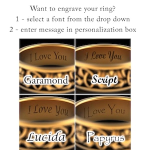 four rings with personalized messages engraved on them.