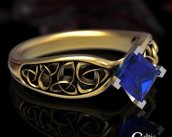 Celtic Gold Princess Cut Sapphire Engagement Ring, Sapphire Solitaire Ring, Celtic Platinum Wedding Ring, Celtic Knot Engagement Ring, 1427