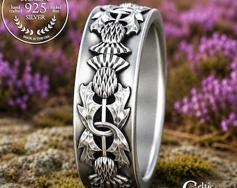 Sterling Men's Scottish Thistle Wedding Band, Silver Celtic Groom Ring, Irish Heritage Ring, Traditional Irish Man's Jewelry, 1770