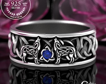Mens Blue Sapphire Wolf Wedding Ring, Sterling Silver Nordic Wolves Wedding Band, Silver Knotwork Wolves Ring, Mens Celtic Wolf Ring, 1703