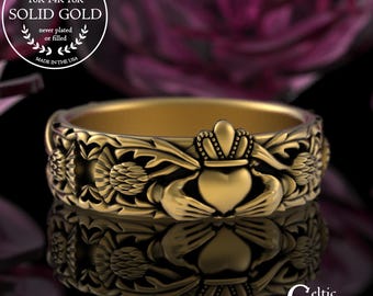 Women's Gold Thistles & Claddagh Ring, 14K Gold Scotland Bride Wedding Band, 10K Crown Heart Handfasting, Gold Scottish Highlands Ring, 3243