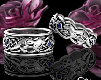 Matching Sterling Otter Rings, Sapphire Otter Wedding Rings, Celtic Otter Wedding Set, Silver Otter Rings, Scottish Otter Rings, 3027 3025