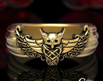 Viking Owl Ring in Gold, Viking Wedding Band, Men's Viking Ring, Celtic Wedding Band, Gold Owl Ring, Platinum Owl Ring, Odin Ring, 1479