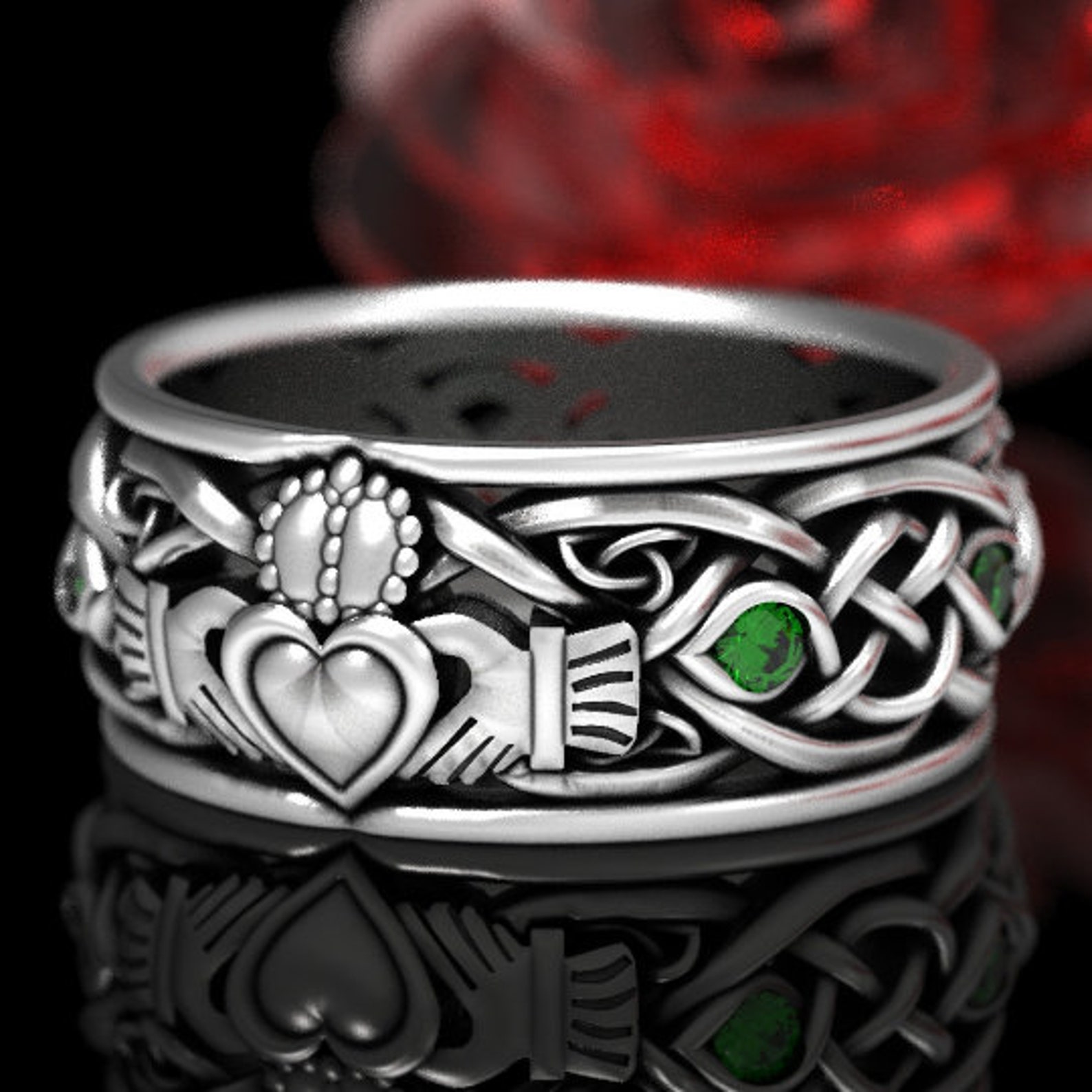 Mens Sterling Silver Celtic Claddagh Ring With Emeralds | Etsy