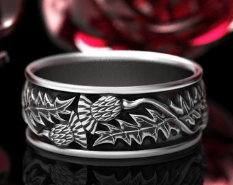 Silver Thistle Ring, Silver Scottish Wedding Ring, Thistle Flower Wedding Band, Mens Thistle Wedding Band, Scotland Ring, Irish Thistle 1316