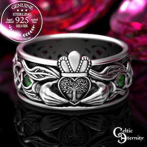 Emerald Claddagh Ring For Celtic Man, Sterling Nature Inspired Wedding Band, Irish Tree Leaves Ring, Silver Scotland Groom Handfasting, 2042