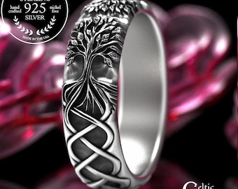Sterling Soulmate Tree Ring, Women's Tree of Life Wedding Ring, Yggdrasil Ring, Norse Botanical Wedding Band, Silver Tree Roots Ring, 2035