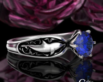 Sterling Dolphin Engagement Ring, Sapphire Celtic Dolphin Wedding Ring, Sea Theme Wedding Ring, Silver Ocean Ring, Irish Engagement, 3064