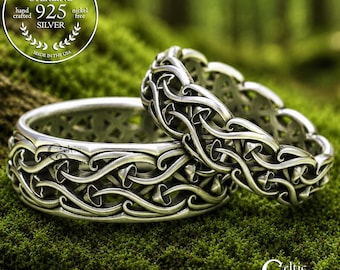 Sterling Silver Mushroom Wedding Ring Set, Matching Celtic Forest Rings, His Hers Toadstool Ring Set, Woodland Fungi Rings, 1433 1432