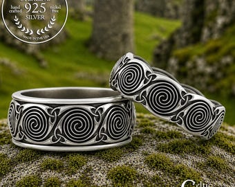 Celtic Spiral & Trinity Matching Wedding Set, Sterling His Hers Scottish Spiral Rings, 925 Irish Spiral Design Wedding Band Set, 1285 1721