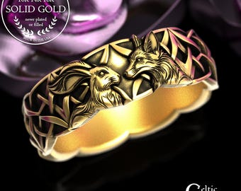 Woman's Gold Rabbit & Fox Wedding Band, 14K White Gold Animal Mates Ring, Platinum Fox Bride Jewelry, 2178