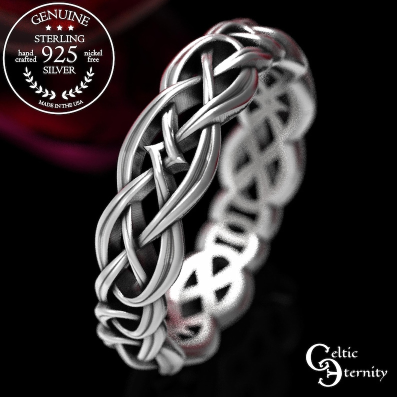 May include: A sterling silver ring featuring an intricate, continuous woven knot pattern. A circular emblem in the upper left corner reads Genuine Sterling 925 Silver, hand crafted, nickel free, made in the USA. The text Celtic Eternity is in the bottom right.