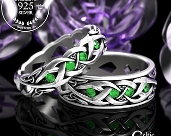 Matching Emerald Celtic Wedding Bands, Sterling His Hers Irish Rings, Emerald Anniversary Set, Silver Life Partner Rings, 2138 2139