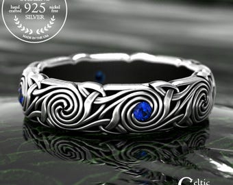 Sterling Silver Ocean Gyre Ring, Celtic Sapphire Gemstone Whorl Ring, Irish Fate Spiral Band, Intricate Druid Spiral Handfasting Band, 1998