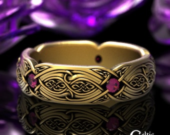 Gold Ruby Womens Celtic Band, 10K Gold Trinity Ring, 14K Gold Celtic Wedding Ring, Womens 14K Irish Ring, 18K Celtic Wedding Ring, 1816