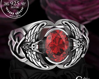 Mens Ruby Owl Ring, Sterling Viking Owl Ring, Mens Viking Wedding Ring, Ruby Statement Ring, Silver Owl Wedding Band, Norse Owl Ring, 3057