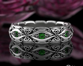 Emerald Irish Knot Bridal Wedding Ring, Sterling Silver Celtic Triquetra Ring, Trinity Knotwork Design, 925 Womens Welsh Wedding Band, 3188