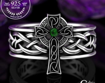 Sterling & Emerald Cross Ring, Mens Celtic Cross Ring, Emerald Irish Cross Ring, Irish Wedding Band, Men Cross Ring, Silver Cross Ring, 4928