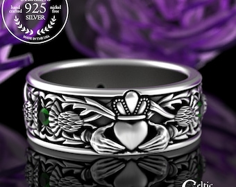 Men's Emerald Claddagh Ring, Sterling Sapphire Thistle Wedding Band, Scottish Highlands Groom Ring, Silver Irish Crown Marriage Ring, 3282