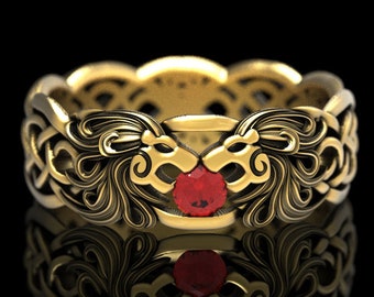 Gold Celtic Lion Wedding Ring, Ruby Gold Ring, Gold Lion Wedding Band, Cat Ring, Platinum Lion Ring, Jungle Cat Ring, Lion Jewelry, 1734