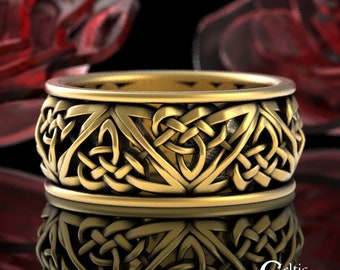 Mens Solid Gold Ring, Celtic Mens Wide Wedding Band, 10K 14K Gold Heart Knot Ring, Mens 10K Celtic Knot Ring, Gold Heart Wedding Ring, 9105