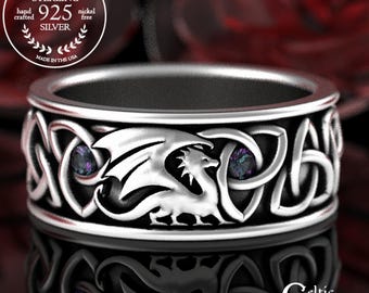 Alexandrite Welsh Dragon Ring, Sterling Mens Dragon Wedding Band, Silver Celtic Dragon Ring, Irish Dragon Ring, Scottish Dragon Ring, 3053