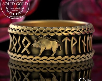 Gold Viking Battle Boar Ring, 14K Gold Warrior Futhark Rune Wedding Band, Platinum War Hog Statement Ring, Men's Norse Berserker Ring, 3296