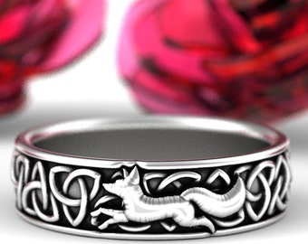 Sterling Silver Celtic Fox Ring, Fox Wedding Band, Womens Celtic Ring, Silver Fox Ring, Fox Jewelry, Celtic Fox, Womans Wedding Band, 1241