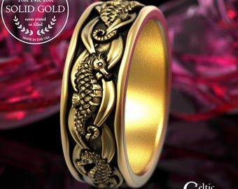 Gold Men's Seahorse Wedding Band, Platinum Ocean Wedding Band, 14K White Gold Nautical Animal Ring, 18K Aquatic Marine Jewelry, 2101