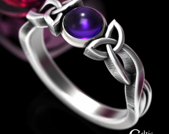 Classic Womens Celtic Ring, Amethyst Sterling Engagement Ring, Silver Irish Engagement Ring, Sterling Trinity Knot Engagement Ring, 1919