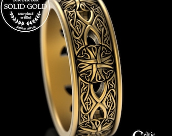 Groom's Irish Gold Cross Ring, 14K Yellow Gold Irish Catholic Wedding Band, 18K Christian Marriage Vow, Men's Sacred Cross Jewelry, 3269