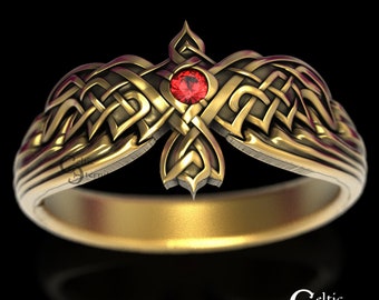 Ruby Gold Raven Ring, Celtic Wedding Ring, Odin Raven Ring, Platinum Raven Ring, Bird Wedding Ring, Celtic Crow Ring, Gold Viking Ring, 1478