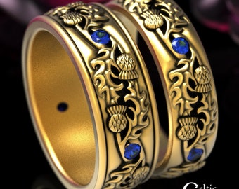 10K Sapphire Thistle Ring Set, Gold Thistle Wedding Bands, Sapphire Gold Wedding Ring Set, Sapphire Scottish Wedding Band Set, 1935 1936