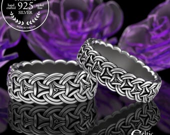 Matching His & Her Pagan Warrior Chainmail Rings, Sterling Viking Pattern Wedding Band Set, Silver Interwoven Shield Knotwork, 3304 3305